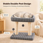 Small Cat Tree with Bed and Scratching Post for Indoor Cats｜Grey | Bedside Kitten Tower｜Space Saving ｜Large Soft Perch｜Sisal Scratcher｜19.7-Inch Tall｜Wide Base｜Replaceable Interactive Toys