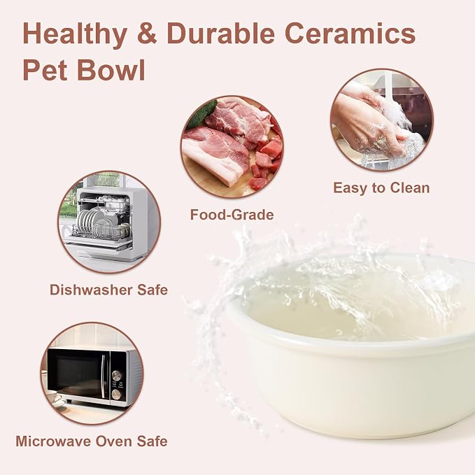 SPUNKYJUNKY Ceramic Elevated Tilted Dog Bowls Bone-Shaped Raised with 2 Height Iron Stand, 6.9'' Dog and Cat Food Water Bowls Set Non-Slip for Small Medium Sized Breed - 20 OZ,Beige