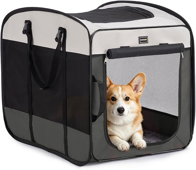 DONORO Dog Kennels and Crates for Medium Dogs, Portable Pop Up Indoor Pet Cage with Sturdy Wire Frame, Collapsible Travel Crate Soft Sided Cat Bag Escape Proof (Gray, 32.0" L x 21.0" W x 26.0" H)