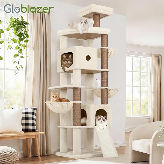 Globlazer F83C Heavy Duty Tall Cat Tree, 83in Multi-Level Tower, Beige | Easy Assembly, Maine Coon, Large Cats, Tall Tower, 2 Condos, 3 Hanging Baskets, 2 Perches, 7 Sisal Posts, Anti-Topple Strap