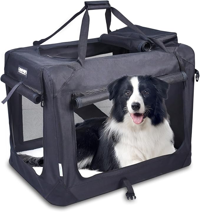 JESPET 36'' Soft Dog Crates Kennel for Pets, 3 Door Soft Sided Folding Travel Pet Carrier with Straps and Fleece Mat for Dogs, Cats, Rabbits, Grey Blue Beige & Black (36" L x 24" W x 27" H, Black)