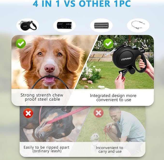 26Ft Retractable Dog Leash for Medium/Large Dogs up to 110lbs, Strong Heavy Duty Retractable Leash with Chew-Proof Cable, 360 Tangle Free, One Hand Brake Lock & Poo Bag Holder (Black)