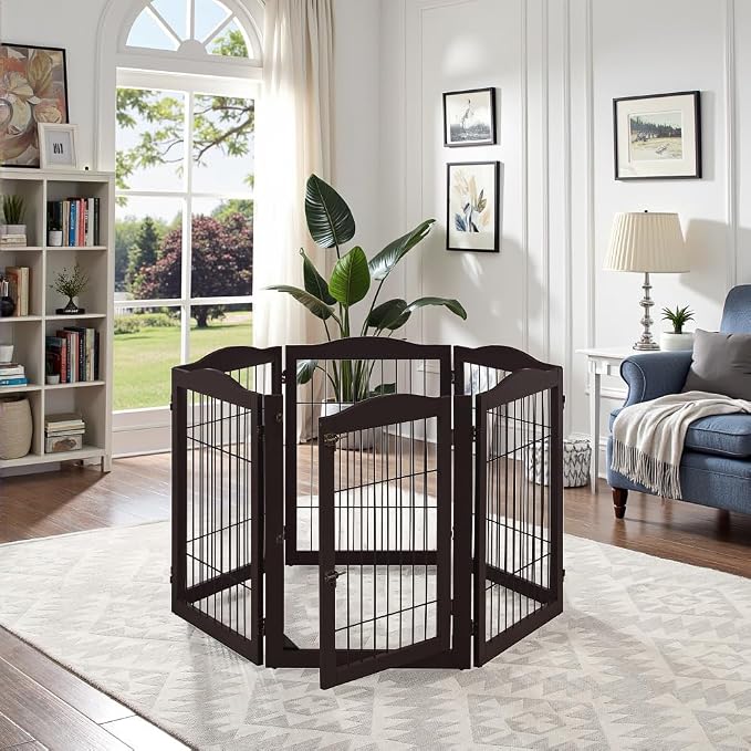unipaws 132" Extra Wide Dog Gate and Pet Playpen with Walk Through Door | Free Standing Tall Dog Fence, Barriers for Home, Use as Indoor Dogs Cats Pen, Rabbit Pen, Espresso