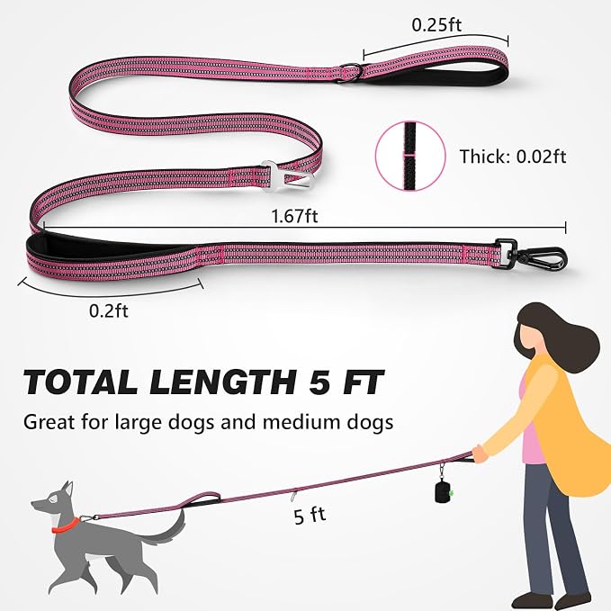 Double Handle Dog Leash with Poop Bag Holder and Car Seat Belt Buckle | Heavy Duty | Double Handle | with Poop Bag Holder | with Car Seat Belt Buckle | Reflective | Lightweight