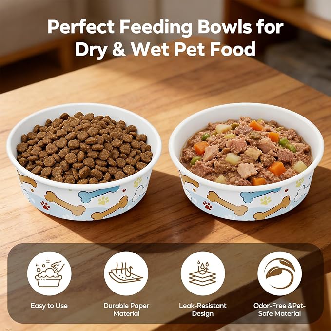 40 Pack Disposable Dog Bowls, 16 oz Paper Pet Bowls for Cats & Dogs | Disposable Bone Print Cat Food Bowls, Dry Wet Food & Wate, Small Medium Pets, Travel and Daily Feeding Bowls, Thick & Sturdy