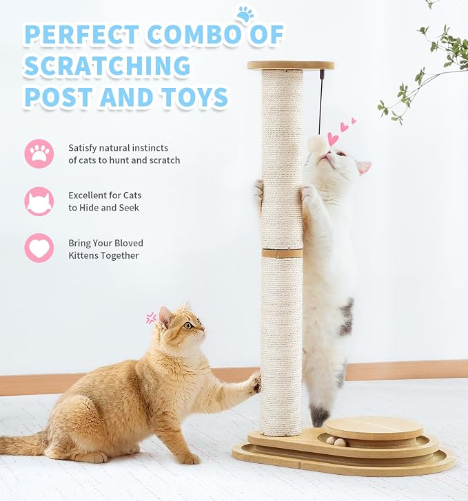 Made4Pets Tall Cat Scratching Post for Indoor Cats with Ball Track 32" | Interactive Tall Cat Scratching Post with Natural Sisal Rope, Rolling Ball Track and Extra Scratching Height, Modern Décor