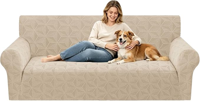 ZNSAYOTX Stretch Couch Cover, 1 Piece Sofa Covers for 3 Cushion Couch, Jacquard Sofa Slipcovers with Elastic Bottom Thickened Furniture Protector for Dog Cat Pet (Large, Khaki)