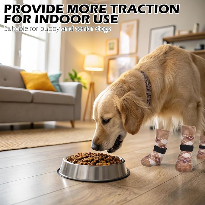 EXPAWLORER Dog Socks to Prevent Licking Paws,Anti Slip Dog Shoes for Hot Pavement,Dog Booties for Hardwood Floors,Dogs Boots & Paw Protectors for Small Medium Large Senior Dogs,British Style,Khaki M