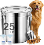 Newget Dog Food Storage Containers, Large Stainless Steel Pet Food Storage Containers 25 lb / 11.5 kg to Keep Fresh, Metal Airtight Cat Food Containers With Scoop and 2 Small Containers