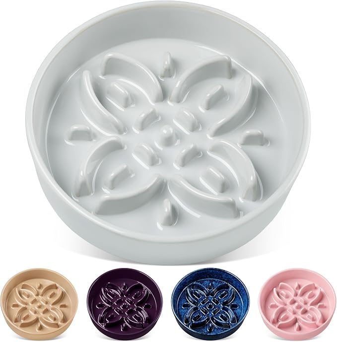 vancasso Ceramic Slow Feeder Dog Bowls, Puzzle Dog Food Bowls with Floral Maze, Anti -Slip Pet Food Dish for Large Breed, 3 Cups, Grayish Cyan