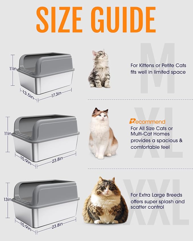 Powools Stainless Steel Cat Litter Box, High-Sided, Grey, XL (2 Pack) | Metal Litter Box with Scoop, Anti-Leakage Top Entry, Non-Sticky, Easy to Clean, 6-Inch Splash-Proof Deep Pan