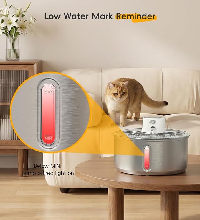 Stainless Steel Cat Water Fountain, 186fl.oz/1.45Gal Cordless Dog Fountain | Wireless Pet Fountain; 5000mAh Battery; Indoor; Triple Water Modes; 25 dB Ultra-Quiet
