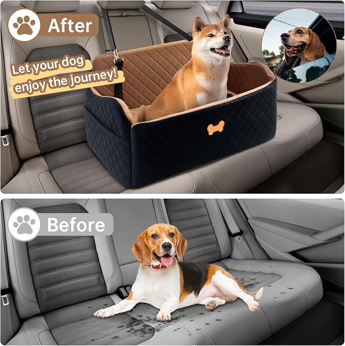 Car Seat for Large Size Dog, Booster Seat for Dogs Under 55 lbs or 2 Small Dogs, Soft Car Dog Bed Filling in Thick Memory Foam with 2 Safety Leashes and Storage Pocket (Brown/Black)