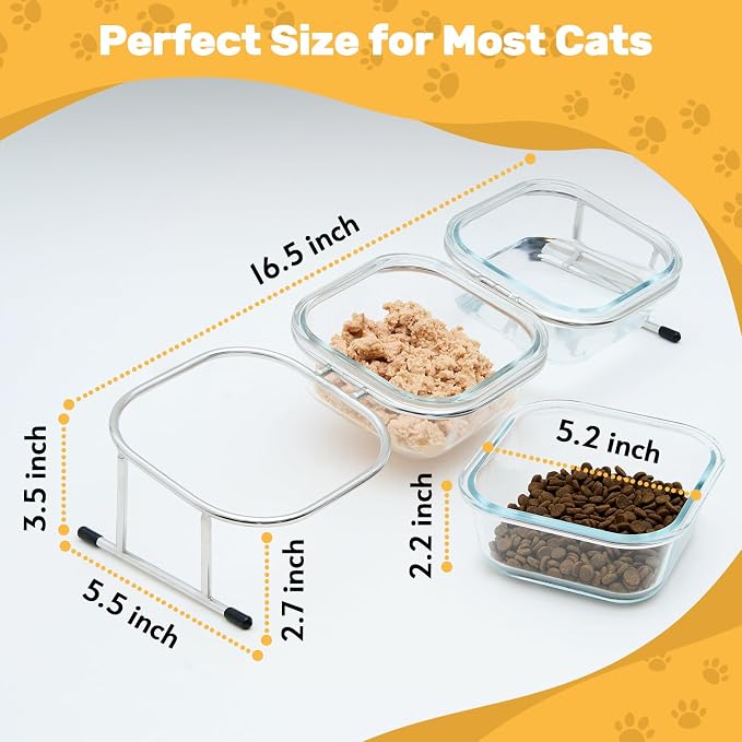 Elevated Cat Bowls, 15° Tilted Glass Raised Cat Food and Water Bowl | Stainless Steel Stand, 3 Large Capacity Glass Cat Bowls and 4 Anti Slip Feet, Suitable for Cats and Little Dogs