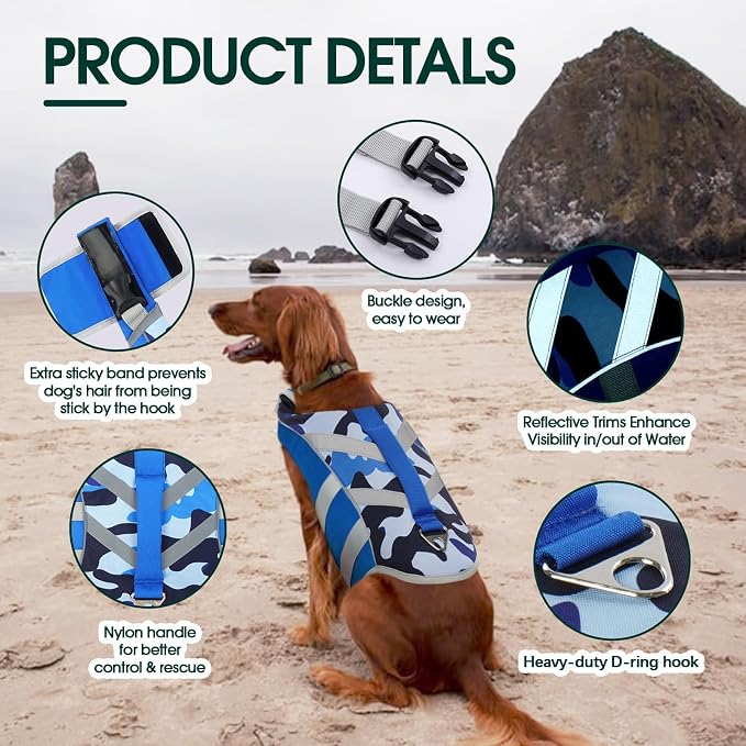 Kuoser Reflective Dog Life Jacket, Dog Life Vest for Swimming Boating | Adjustable Pet Lifejackets, High Flotation Doggie Swimsuit with Rescue Handle for Small Medium Large Dogs