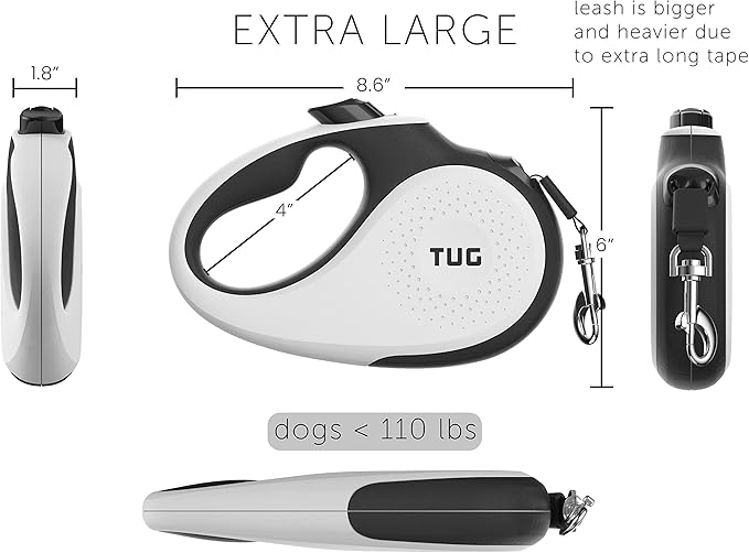 TUG XL 360° Tangle-Free Retractable Dog Leash with Anti-Slip Handle | 26 ft Strong Nylon Tape | One-Handed Brake, Pause, Lock (Extra Large, White)