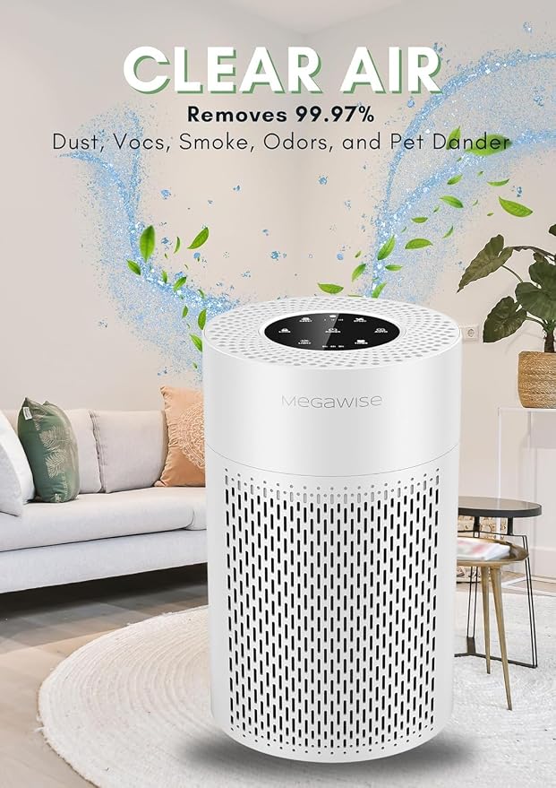 MEGAWISE Air Purifier for Wildfire Smoke, H13 HEPA for Home Bedroom, White | Wildfire smoke sensor + PM2.5 display, Quiet sleep mode (<25dB), HEPA filters smoke, ash, dust & pet dander