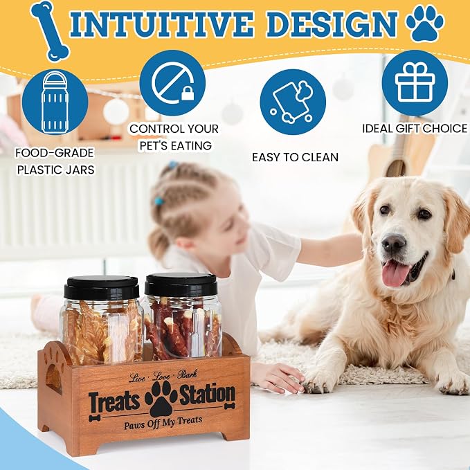 Dog Treat Container Dog Food Container for Dog Food Storage, Farmhouse Cat Food Container Pet Food Storage Organizer, Wood Dog Treat Holder with 2 Plastic Cat Dog Treat Jars, Brown Cat Treat Container