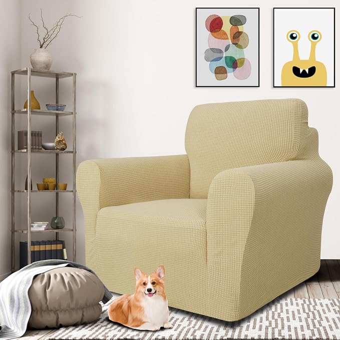 MAXIJIN Stretch Chair Cover Chair Slipcovers with Arms, 1-Piece Couch Sofa Chair Covers for Living Room, Non Slip Armchair Cover (31"-46") Furniture Protector Dogs Pet Friendly (Chair, Beige)