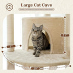 PETEPELA Floor to Ceiling Cat Tree, 92.9-101.6" Tall Cat Tower, Beige | Height-adjustable tension design with 5 sisal posts, cozy condo, spacious hammock, perches & anti-tip strap for indoor cats