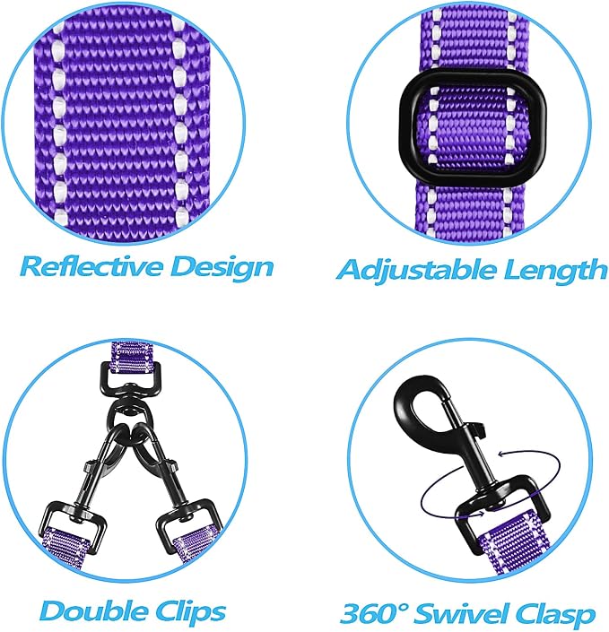PetBonus Double Dog Leash, No Tangle Dual Leash, Reflective Walking Training Lead, 4 Comfortable Padded Handles for 2 Dogs with Collapsible Bowl and Waste Bags (Purple, Large) | 4 Comfortable Padded Handles, Adjustable, Reflective, For Two Large Medium...
