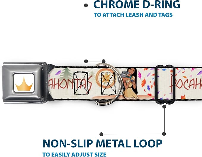 Dog Collar Seatbelt Buckle Pocahontas and Meeko Compass Pose with Script and Leaves Beige 15 to 24 Inches 1.0 Inch Wide | Pocahontas and Meeko Compass with Script and Leaves Beige Durable Metal Adjustable ID Tag Ring