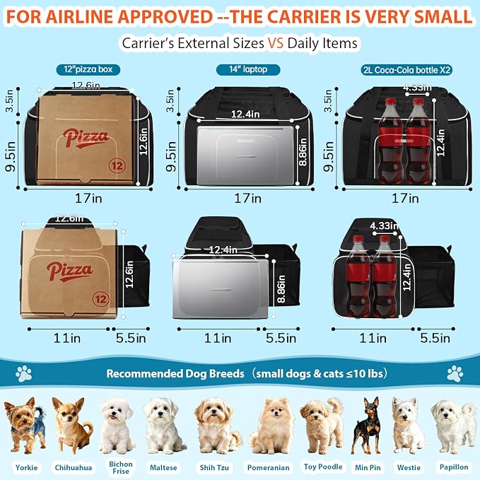 Petskd Top and Side Expandable Small Pet Carrier Airline Approved, Black | 17"Lx11"Wx9.5"H, for Alaska Airlines, Pets Under 10 Lbs, Lockable Zippers,Soft-Sided, Anti-Scratch Mesh