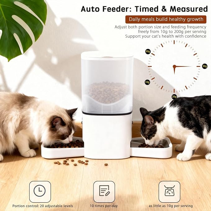 Automatic Cat Feeder with Dual HD Cameras for 2 Cats, Smart WiFi Pet Feeder with APP Control, Timed Feeding & Portion Control, 2-Way Audio, Night Vision, 5GHz/2.4GHz WiFi, 6L