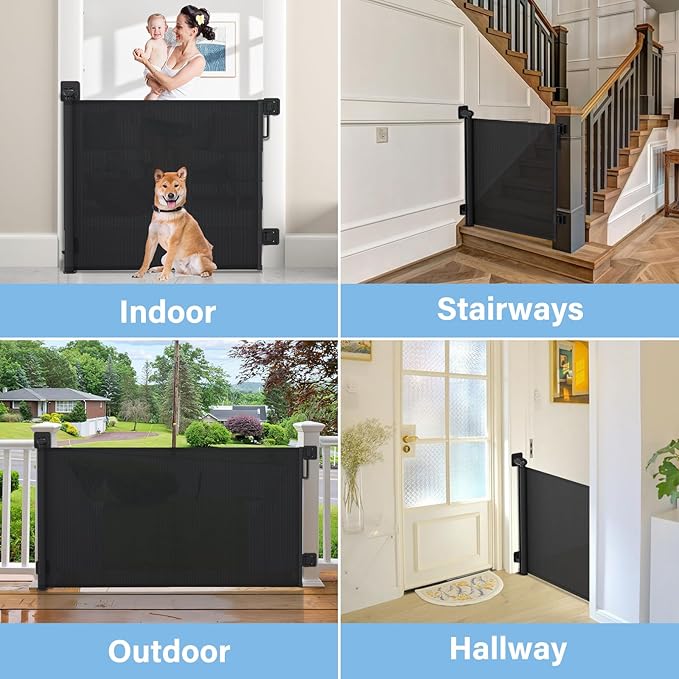 Retractable Baby Gates for Stairs No Drill | Extends to 54" Wide 34" Tall | Black