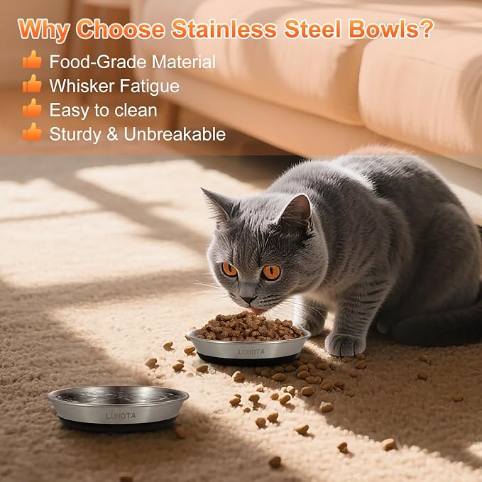 4 Pcs Stainless Steel Cat Bowls for Cats, Kittens & Small Dogs | Shallow Wide Food Water Bowl, Non-Slip Silicone Base, Dishwasher Safe, Suitable for Indoor & Outdoor Use