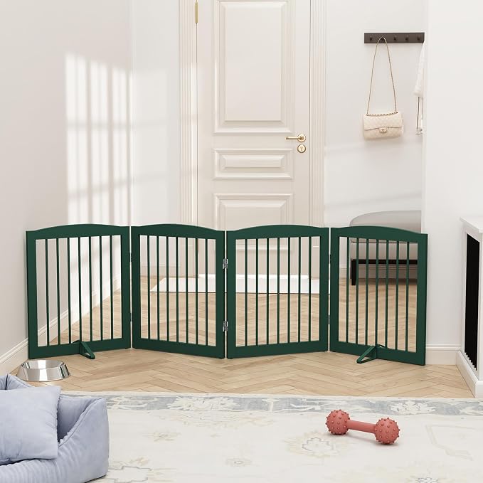 PUPETPO Freestanding Pet Gate for Dogs, Foldable Wooden Dog Gate for House, Indoor Dog Gate for Stairs, Doorways, Step Over Pet Puppy Safety Fence, 80 Inch Wide, 4 Panels 24", Green