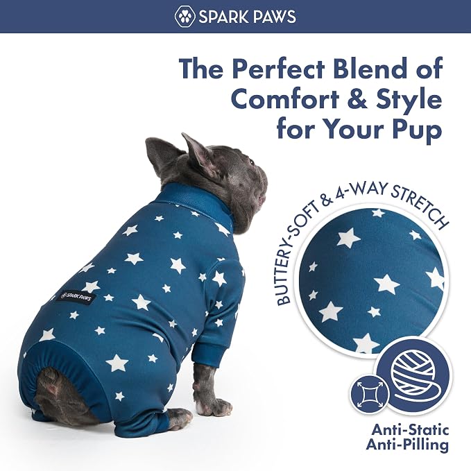 Spark Paws Dog Pajama, Dog Recovery Suit Male, Onesie, Ultra-Soft and 4-Way Stretch, for Small Medium and Large Breeds - Stars - M