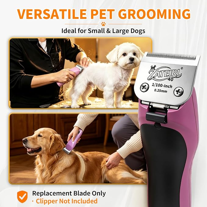 Size 40 Detachable Pet Grooming Clipper Blade with Ceramic Cutter, 0.25mm 1/100 Inch Cut Length, Silver, Compatible with Andis, Oster A5, Wahl KM10, 3 Pack