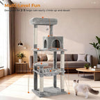 MUTTROS 56.3" Cat Tree with Metal Hammock, 2-Door Condo, 6 Tiers, Gray | 6-tier shelves, Metal plush hammock, 2-door condo house, Sisal posts, Large top perch, For adult cats