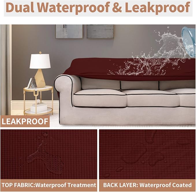 Easy-Going 100% Waterproof Couch Cover, 3 Cushion Couch Slipcover for Sofa | Leakproof Sofa Cover, Stretch Jacquard Furniture Protector Against Stain Spill from Kids, Pets, Dog (Sofa, Wine)