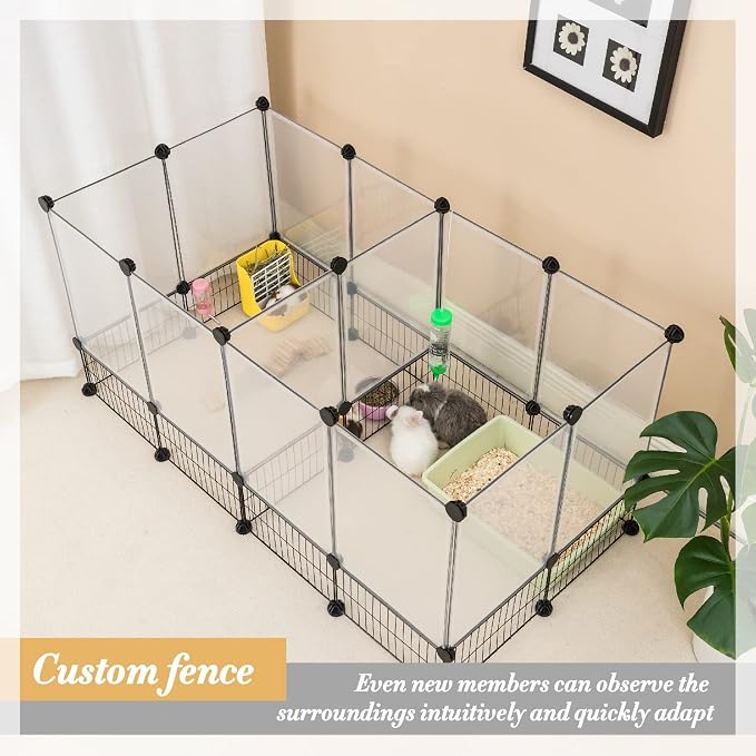 DINMO 28 Panels Bunny Playpen, Iron Net Bottom, 61.4" L x 25.4" W x 22.3" H | For Small Animals: Kittens, Guinea Pigs, Hamsters, Ferrets, Hedgehogs, Chicks & Ducklings, DIY, Expandable Portable Enclosure