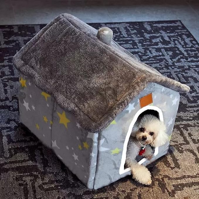 Dog House Indoor Portable Puppy Cave Cat Nest Kennel Pet Bed fit 7.5kg/17lb | Portable Memory Houses with Cushion (Grey, M:Size fits 7.5kg/17lbs (Pets))