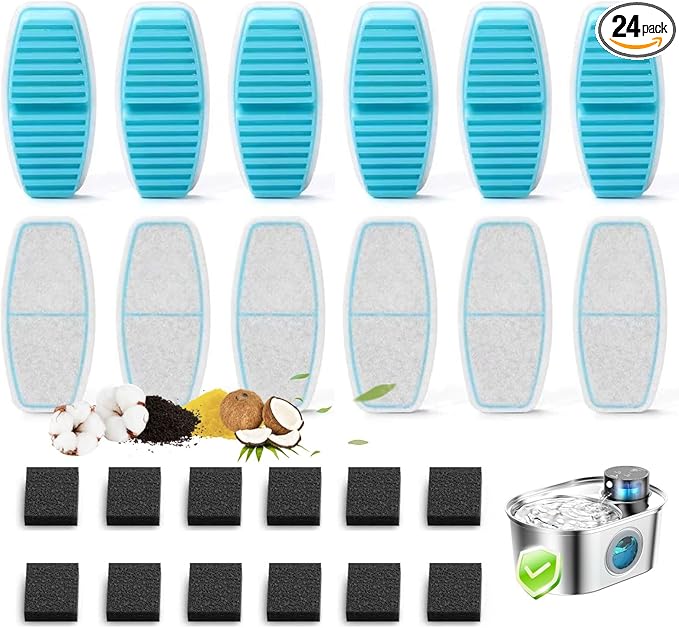 24Pcs Cat Water Fountain Filters: Pet Drinking Fountain Replacement Filter | 12 Carbon Filters+12 Sponges, Compatible with GIOTOHUN/HOOISE/ATMZIQXR/UMOCUOY/IHOUONE Pet Fresh Water Dispenser for Cats