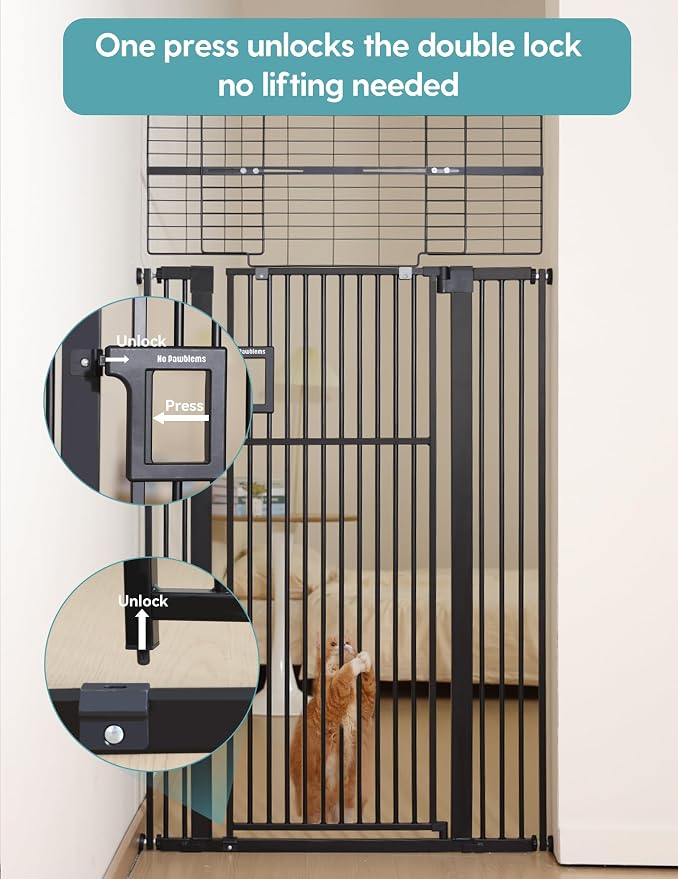 No Pawblems 71" Extra Tall Pet Gate, 29"-43" Wide Pressure Mounted, Black | 1.37" Ultra Narrow Spacing, Auto-Close Tall Cat Gate for Doorway, Dual-Lock, One-handed Operation