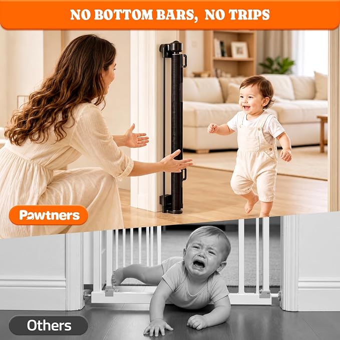 Pawtners Retractable Baby Gates, 34" Tall Extends to 120" Wide Dog Gate | 6 FT Gate with Reinforced 8 Supporting Rods to Prevent Crawling for Stairs Hallways Indoor Outdoor Open Spaces