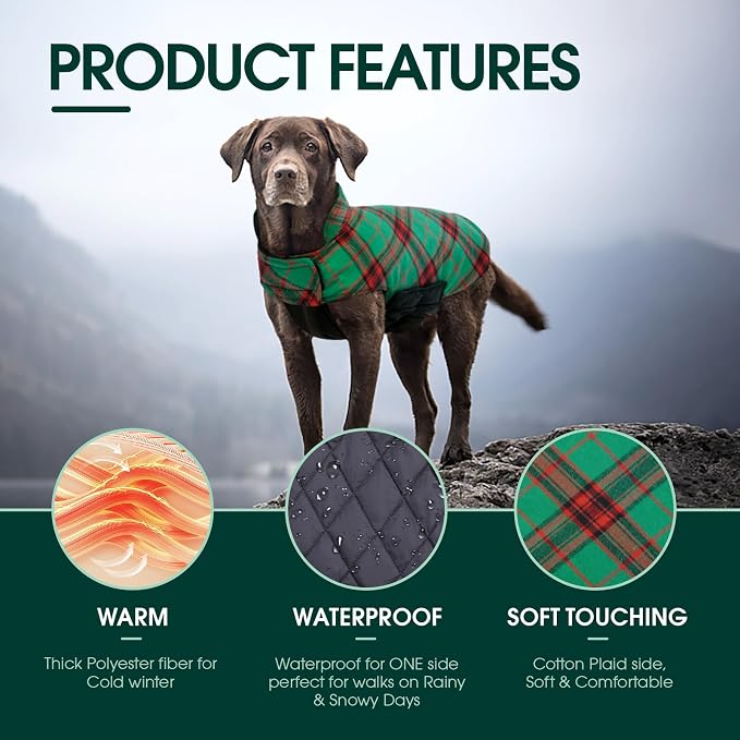 Kuoser Waterproof Dog Coat, Reversible Dog Jacket for Large Dogs | Adjustable Durable Doggie Winter Coat for Groowing Puppies Warm Puppy Cold Weather Apparel, Xmas Green L