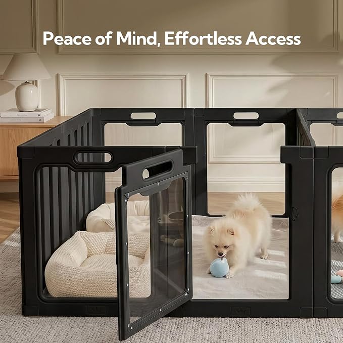 Soulbond Acrylic Dog Playpen Indoor with Partition(24 Inch,Black,12 Panels) | Non-Slip,Tool-Free Assembly, External Door Lock Play Pen for Puppies and Small Dogs with 2 Doors