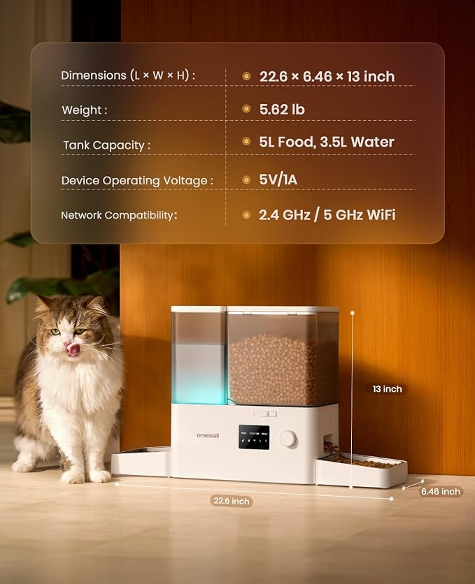 oneisall Automatic Cat Feeder and Water Dispenser with 5G WiFi, 36Cups/8.5L | App Control, 2-in-1 Auto Cat Feeder, Gravity Water Dispenser, Large Capacity, Timed Cat Feeder for Dry Food, for Cats, Pets