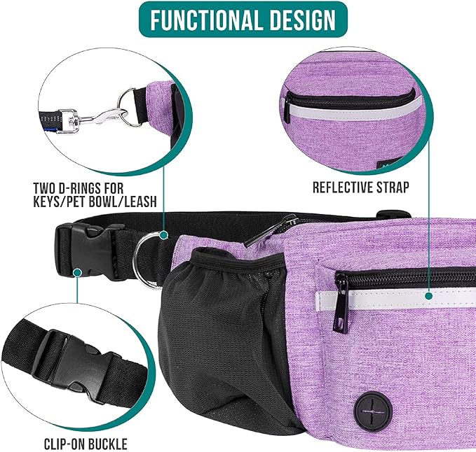 PetAmi Dog Fanny Pack, Treat Pouch for Dog Walking, Training, Built in Poop Bag Dispenser, Water Bottle Holder, Collapsible Bowl, Pet Treat Waist Belt for Hiking, Running, Kibbles (Purple)