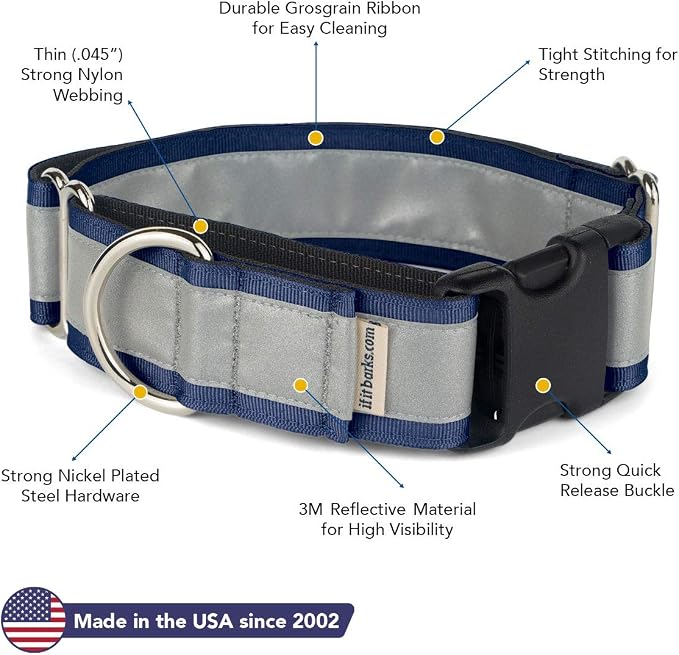 If It Barks - 1.5" Reflective Martingale Collar with Quick Snap Buckle for Dogs - Adjustable - Made in USA - Strong, Durable, and Comfy - Ideal for Training - Fits Most Breeds - Large, Navy
