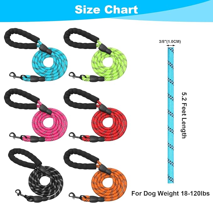 12 Pack Rope Dog Leash, 5.2FT Nylon Pet Leash with Reflective Thread, Soft Padded Handle Thick for Large Medium Dogs Small Puppy
