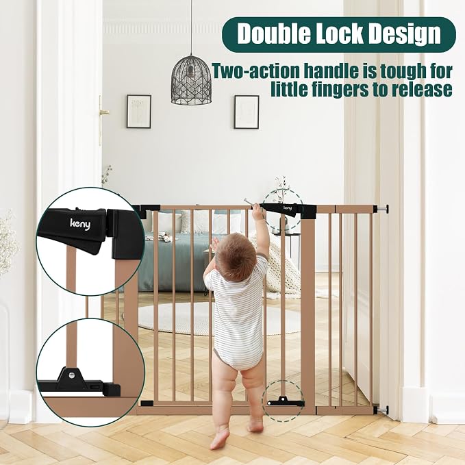 keny 29.7"-46" Baby Gate for Stairs, Auto Close Dog Gates for Doorways | Pressured Mounted No Drilling Pet Gate Extra Wide, Easy Walk Thru Stair Gate, 30" Tall, Brown