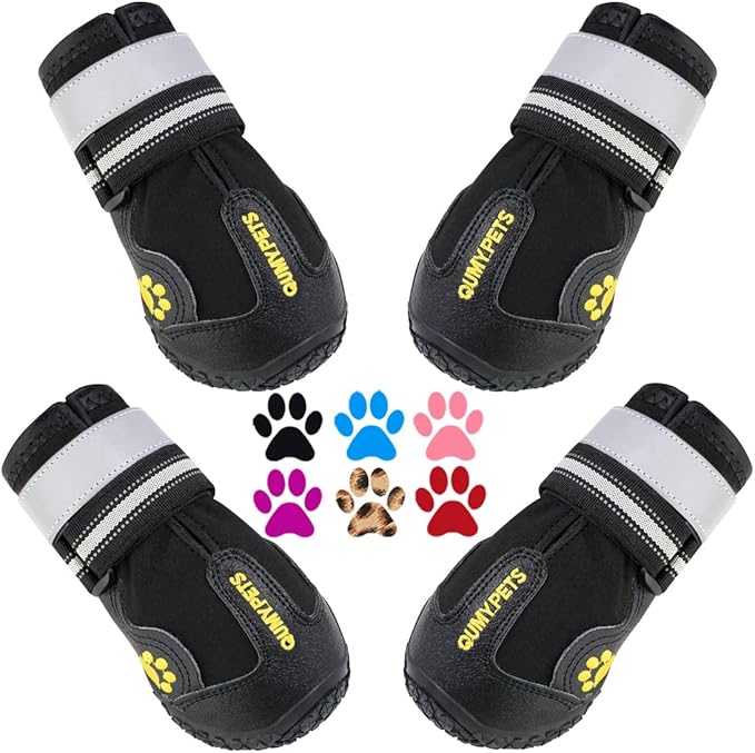 QUMY Dog Shoes for Hot Pavement, Dog Snow Boots & Paw Protectors for Winter | Dog Booties Medium Large Size Dogs, Water-resistant in the Rain, Outdoor Walking, Indoor Hardfloors Skid-resistant Sole Black