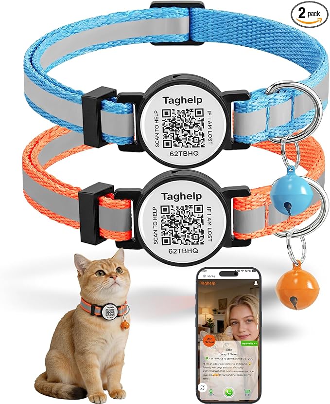Smart QR Code Cat Collar 2-Pack, Breakaway Reflective Collar with Permanent Online Profile, Adjustable 7.5-12.5 Inch Safety Collar for Cats (Orang & Blue)