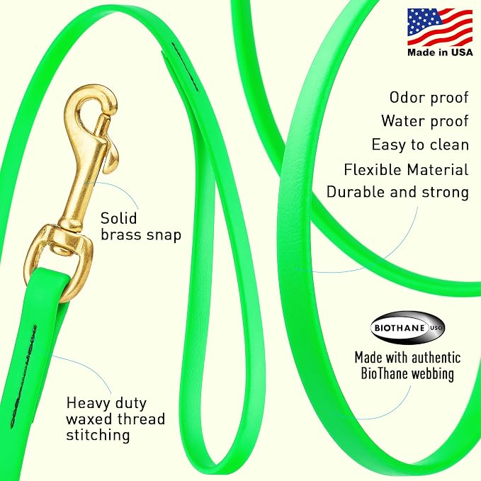 Viper Biothane K9 Working Dog Leash Waterproof Lead for Tracking Training Schutzhund Odor-Proof Long Line with Solid Brass Snap for Puppy Medium and Large Dogs, 20ft Tropical Green